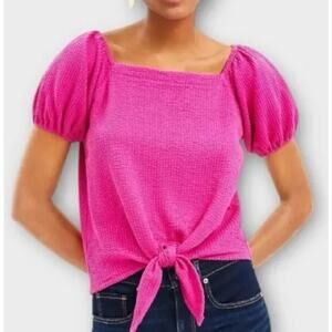 LOFT Seersucker Tie Front Top Womens XXL Fuchsia Pink Textured Square Neck